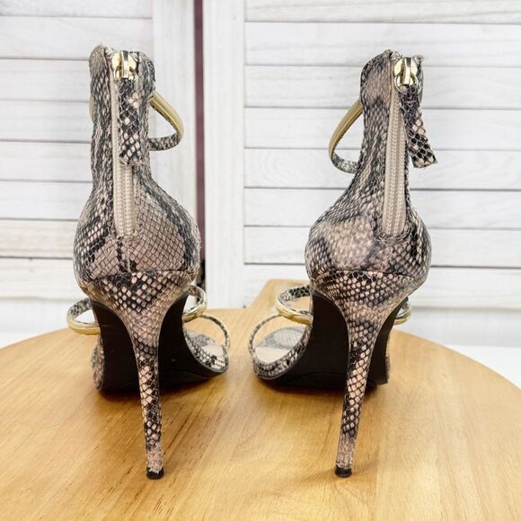 Bebe Berdine Y2K Snakeskin Gold‎ Band Strappy Sandals Heels Tan Brown 8 - Picture 5 of 11